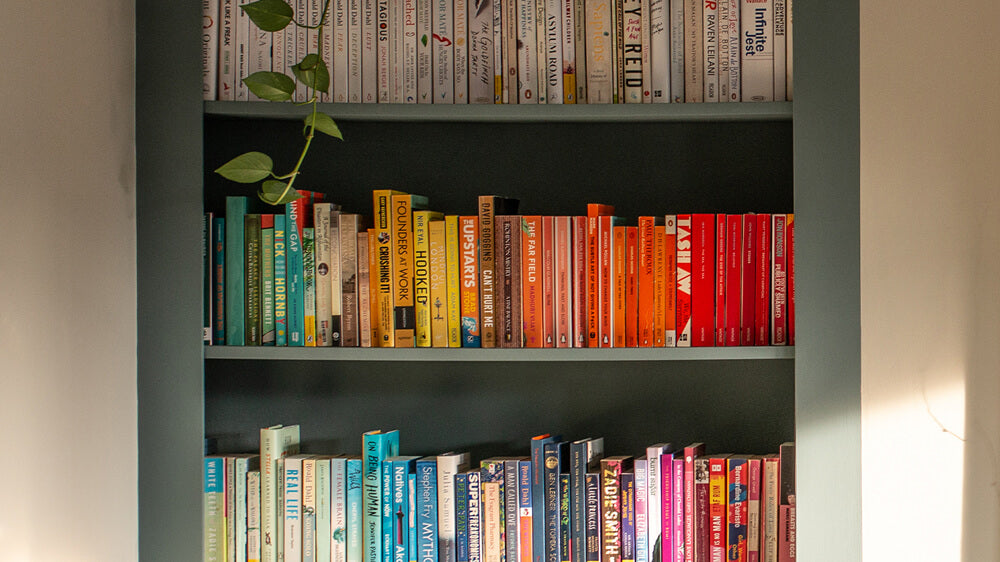 Bookcase painted in Lick Teal 02 paint with colour-coordinated books