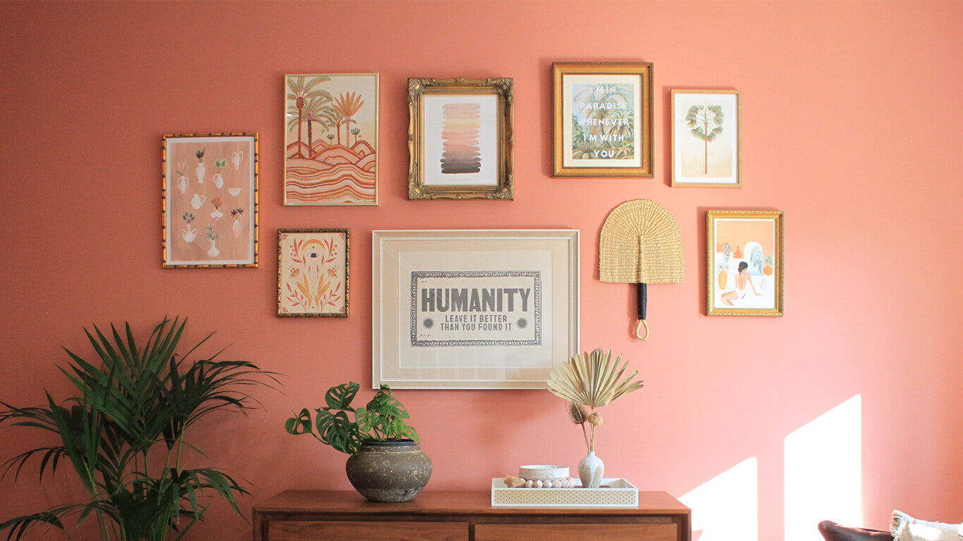 Gallery wall living room painted in Lick paint Red 03