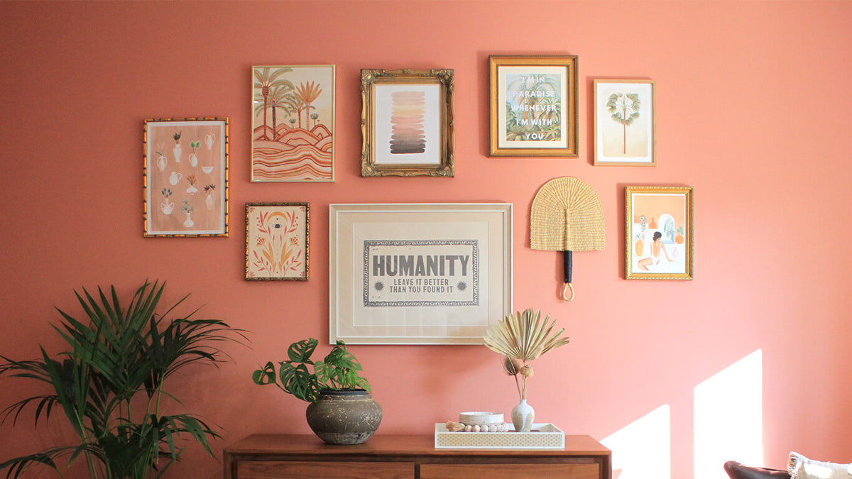 Gallery wall living room painted in Lick paint Red 03