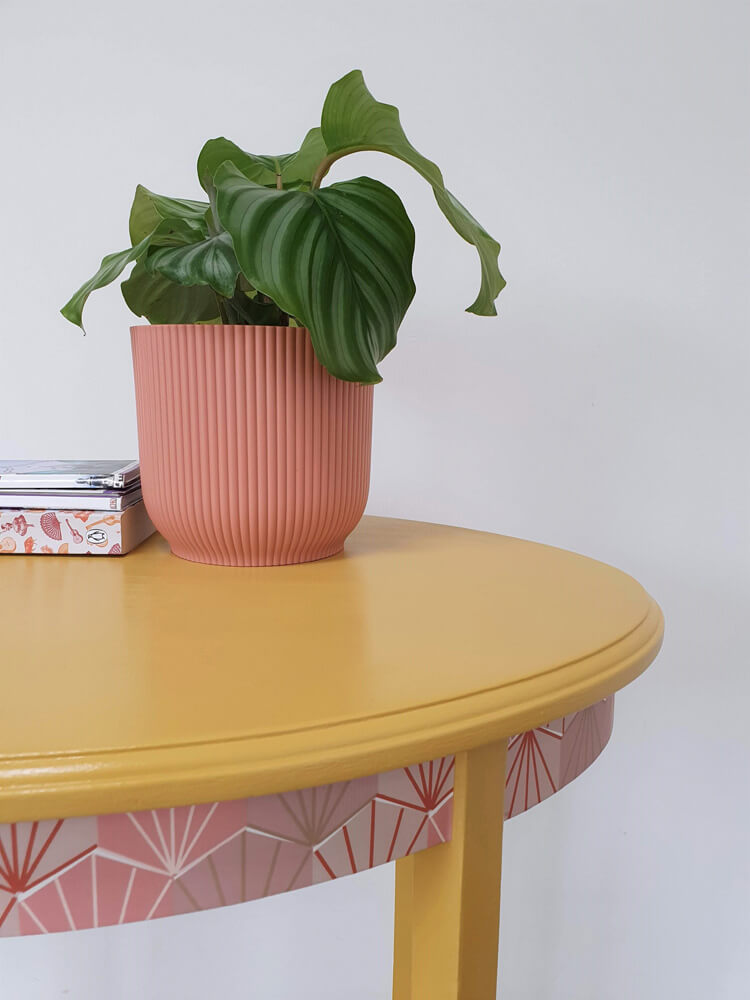 Upcycled table painted in Lick Yellow 02 with chevron patterns